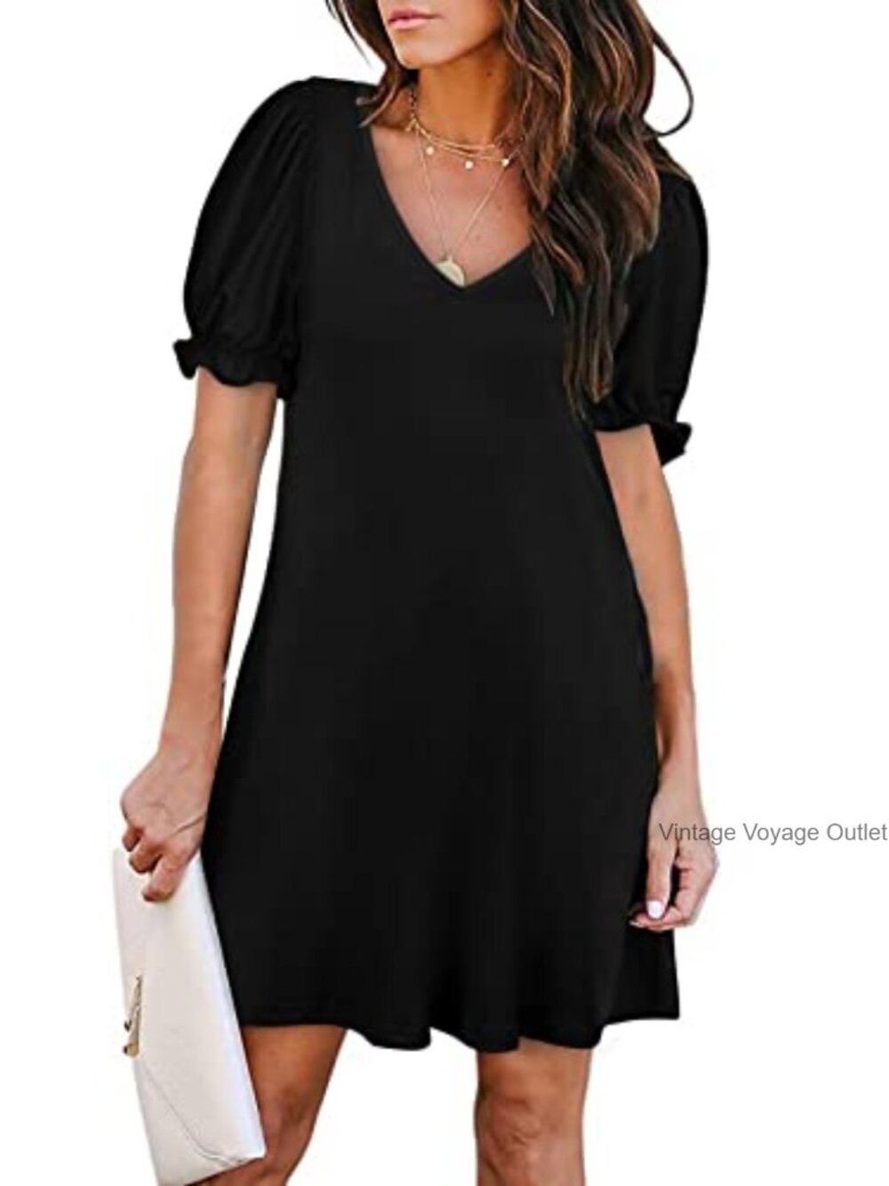 Women's Short Sleeve V-Neck Swing Dress with Pockets